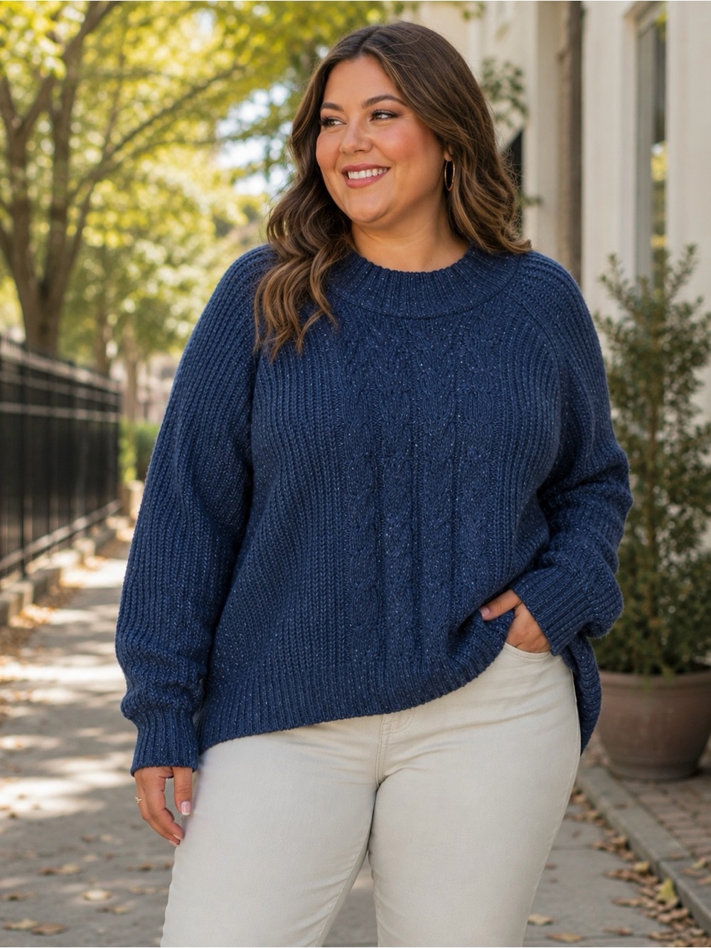 Time and Tru Sweater Blue Cable Knit Mock Neck Pullover Cotton Acrylic Womens XL